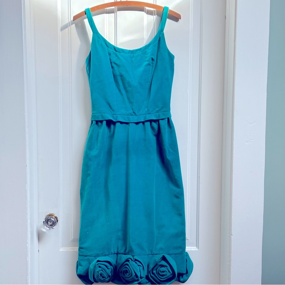 Teal Velvet Vintage 1960s Wiggle Dress With Rosettes At The Hem - Size XSmall